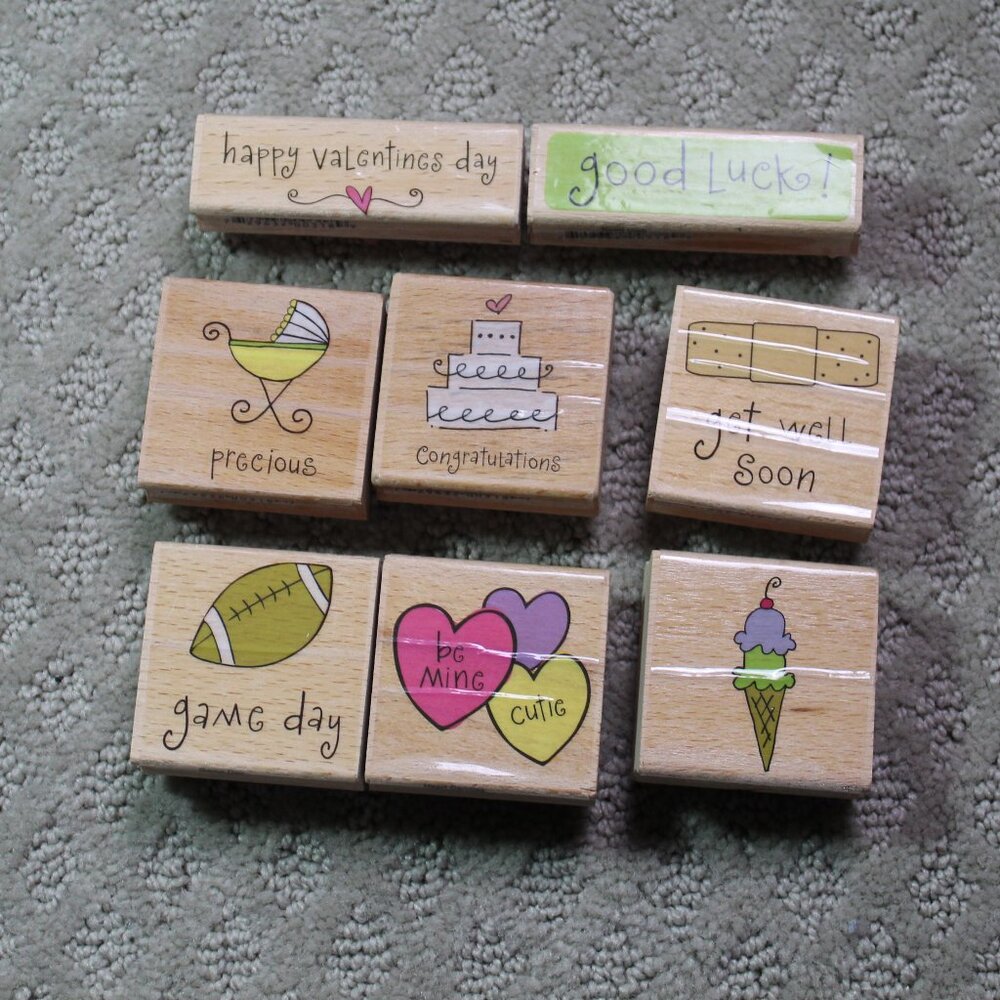Lot of 8 Katie & Co Seasonal Themed Good Preowned Wood Mounted Stamps